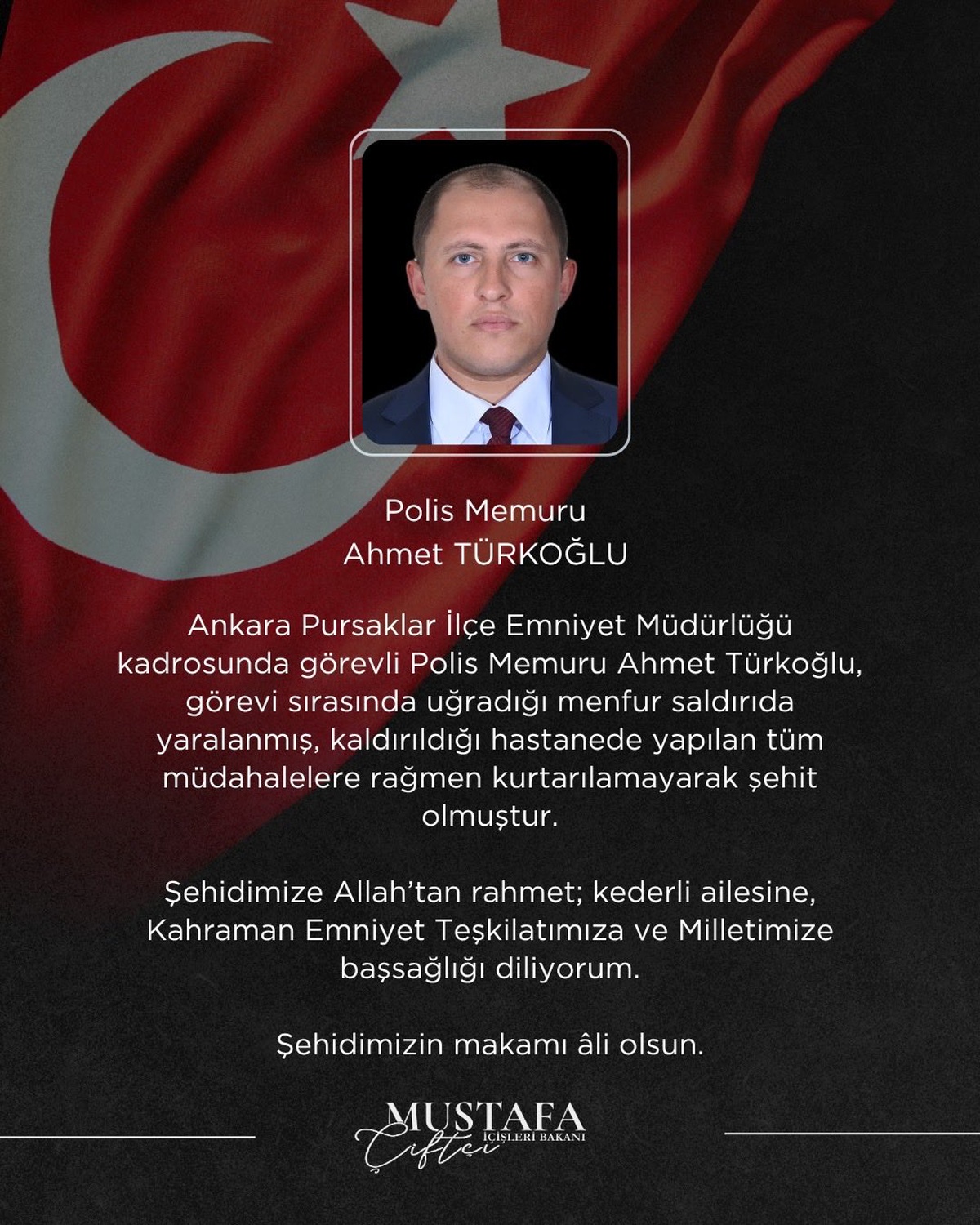 Bakan Çiftçi’den, şehit polis memuru için taziye mesajı